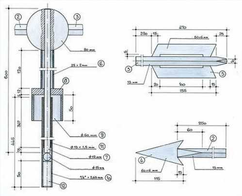 На схемі позначена основа для кріплення флюгера і креслення стрілки, яка буде вказувати напрям вітру.